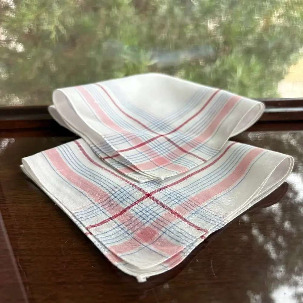 Vintage Plaid Cotton Handkerchief Set Pink Blue 11x11